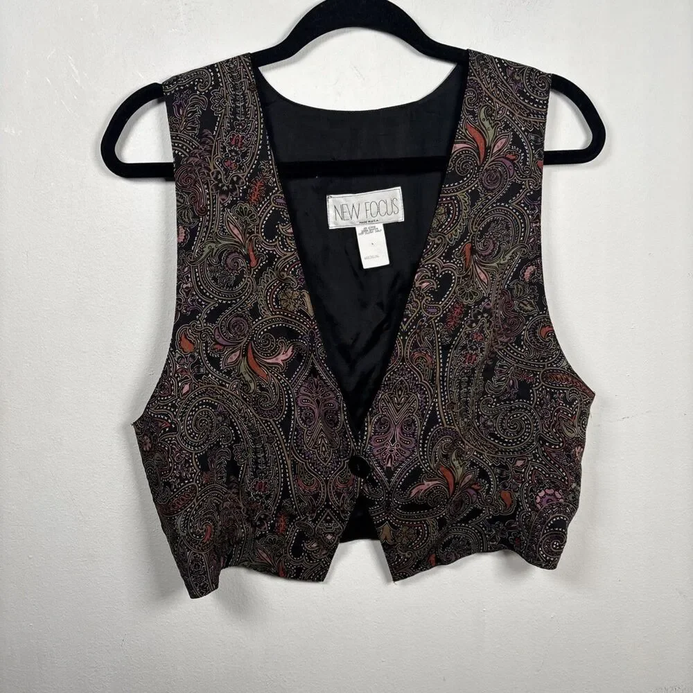 Vintage Retro Paisley Vest Women’s M 100% Rayon Made USA Button Front 90s Boho